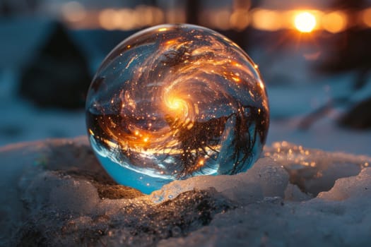 A large, glowing, spherical object is sitting on top of a pile of snow. The object appears to be a glass ball, and it is surrounded by a bright, glowing light. The scene has a dreamy