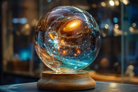 A glass ball with a blue and yellow swirl design. The blue swirls are reminiscent of the ocean and the yellow swirls are reminiscent of the sun. The ball is sitting on a wooden base