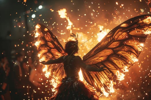 A woman in a costume with a butterfly wing is surrounded by fire. The scene is dramatic and intense, with the woman standing out against the fiery backdrop