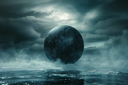 A large, dark, and mysterious planet is floating in the sky above a body of water. The sky is filled with clouds, giving the scene a moody and ominous atmosphere