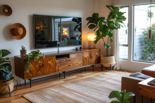 A living room with a brown entertainment center, a white rug, and a large plant. The room has a cozy and welcoming atmosphere