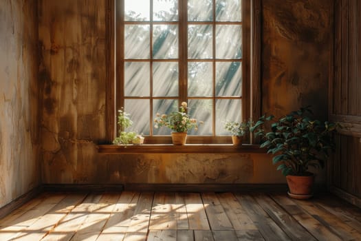 A window in a room with sunlight shining through it. The room is empty and has a wooden floor