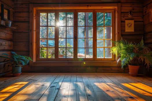 A window in a room with sunlight shining through it. The room is empty and has a wooden floor