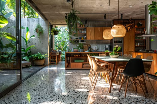 A large empty kitchen with a dining table and chairs. The table is surrounded by potted plants and a rug. The kitchen is well-lit and has a modern, clean look