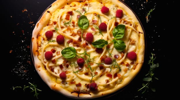 Delicious aromatic pizza with gooey cheese, salami, pepperoni, and basil, next to the ingredients on a dark table surface. Making pizza in a private pizzeria, small business, private business, chain restaurant, flavorful food, advertising, copy space