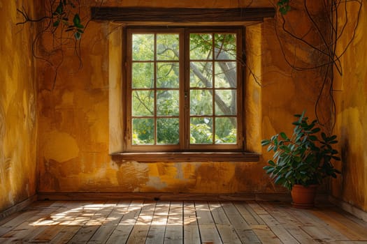 A window in a room with sunlight shining through it. The room is empty and has a wooden floor