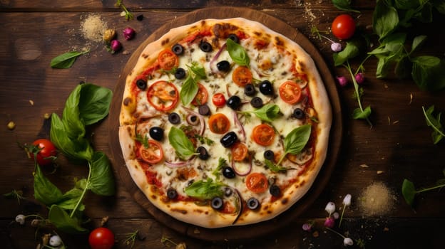 Delicious aromatic pizza with gooey cheese, salami, pepperoni, and basil, next to the ingredients on a dark table surface. Making pizza in a private pizzeria, small business, private business, chain restaurant, flavorful food, advertising, copy space