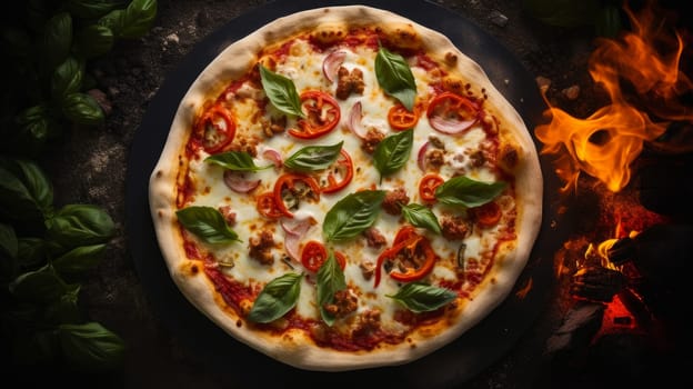 Delicious aromatic pizza with gooey cheese, salami, pepperoni, and basil, next to the ingredients on a dark table surface. Making pizza in a private pizzeria, small business, private business, chain restaurant, flavorful food, advertising, copy space