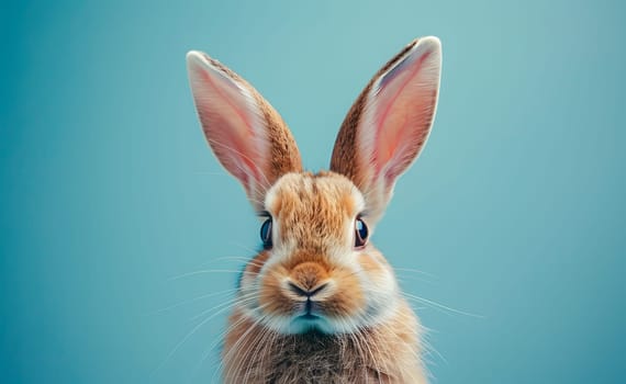 A fawncolored rabbit with large ears and whiskers is happily looking at the camera on a blue background, showcasing its soft fur. The terrestrial animal is surrounded by grass