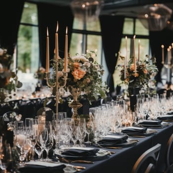 A long table adorned with an abundance of glasses and flickering candles, creating a luxurious and romantic ambiance for a trendy wedding reception. The soft glow of the candles and sparkling glassware add a touch of sophistication to the overall decor.