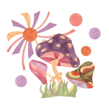 Retro hippie mushroom and sun in 1970s style. Hippie psychedelic groovy fungus clipart. Watercolor indie illustration for flower power sticker, nostalgic design, printing, quote, t-shirt cartoon style