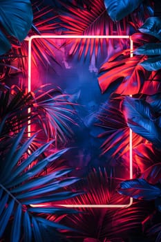 An automotive lighting neon sign glows in electric blue, magenta, and red surrounded by tropical leaves creating a visual effect in the dark