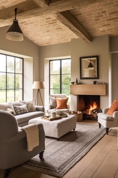 Modern cottage sitting room decor, interior design, living room furniture in neutral colours and fireplace, home decor in elegant English country house style, post-processed, generative ai