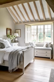 Cottage bedroom decor, interior design and holiday rental, bed with elegant bedding linen and antique furniture, English country house and farmhouse style idea
