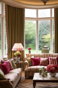 Sitting room decor, interior design and house improvement, living room with large window and pink home decor accents in English country house and elegant cottage style, post-processed, generative ai