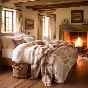 Bedroom decor, interior design and holiday rental, classic bed with elegant plush bedding and furniture, English country house and cottage style idea