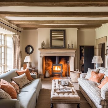 Cottage interior with modern design and antique furniture, home decor, sitting room and living room, sofa and fireplace in English country house and countryside style interiors