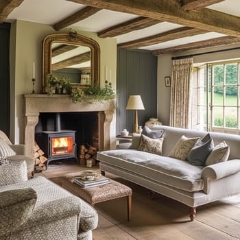 Cottage interior with modern design and antique furniture, home decor, sitting room and living room, sofa and fireplace in English country house and countryside style interiors