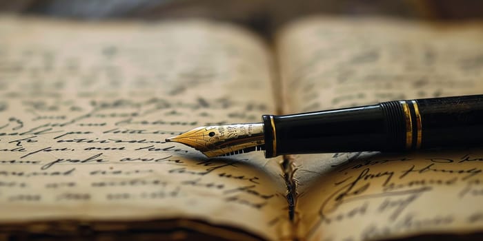 A pen is placed on top of open book, ready for writing or reading