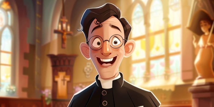 A cartoon priest stands inside church