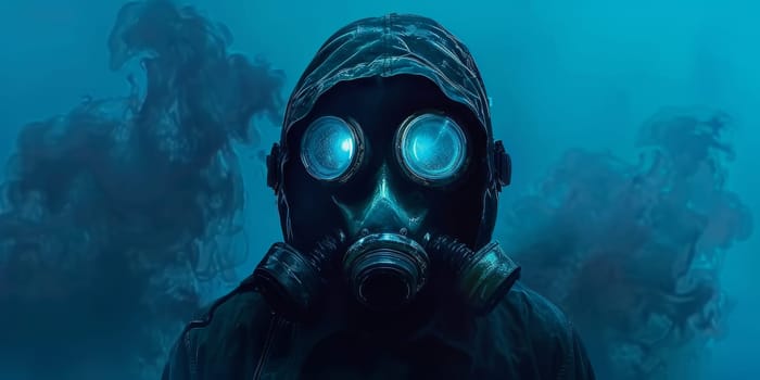 A man is wearing gas mask isolated on the dark blue background