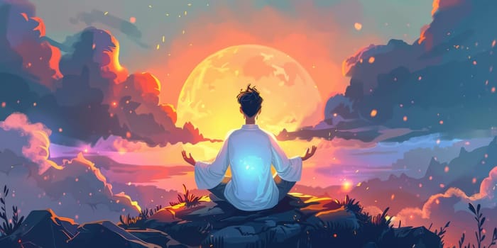 A person meditates and sitting on a rock in front of a vibrant sunset