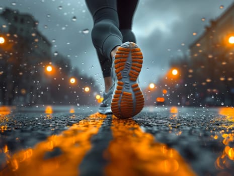 Runner makes a run on evening rainy city. Sneaker shoes, feet close-up. Sports and recreation concept. Success aand achievement. Ai gererated