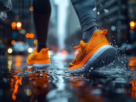 Runner makes a run on evening rainy city. Sneaker shoes, feet close-up. Sports and recreation concept. Success aand achievement. Ai gererated