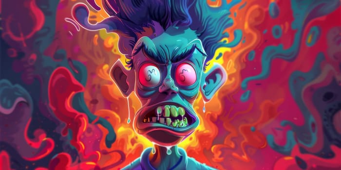 A painting depicting an angry aggressive man with vibrant blue hair and piercing red eyes