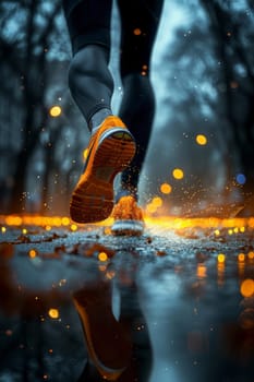 Runner makes a run on evening rainy city. Sneaker shoes, feet close-up. Sports and recreation concept. Success aand achievement. Ai gererated