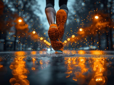 Runner makes a run on evening rainy city. Sneaker shoes, feet close-up. Sports and recreation concept. Success aand achievement. Ai gererated