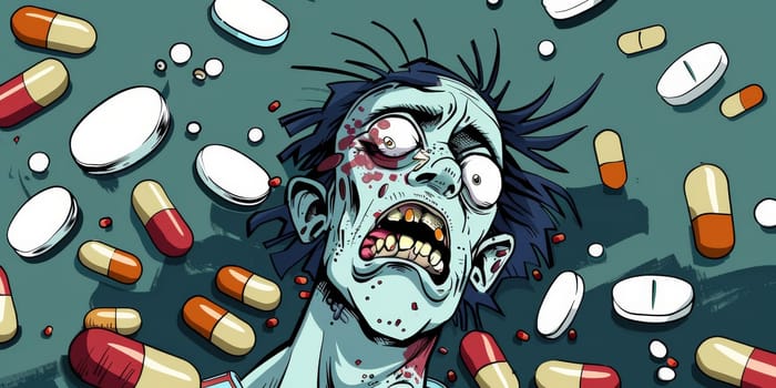 Cartoon man standing among various of pills
