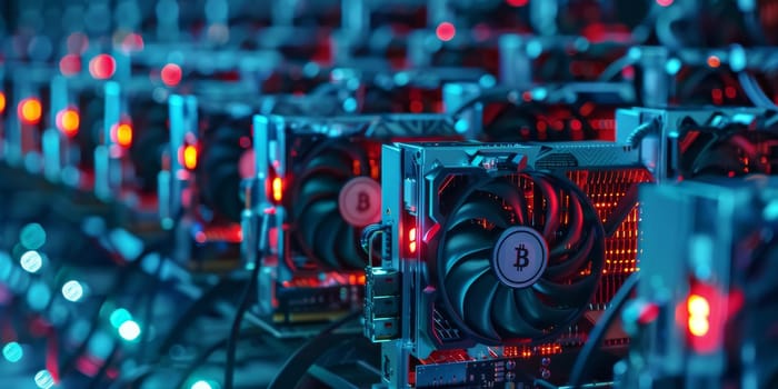 Array of computer CPUs illuminated by red and blue lights, a bitcoin miners
