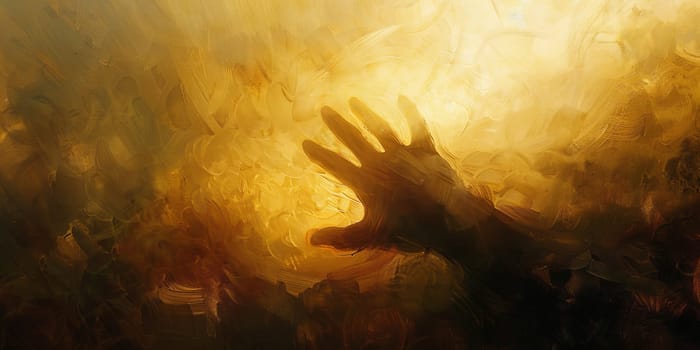 Painting of a persons hands reaching upwards against sky