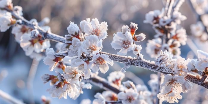 Detailed view of a blossomed tree covered by frost