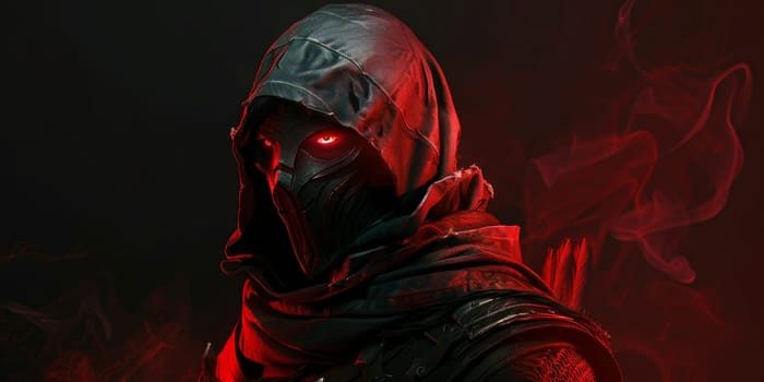 A man assassin wearing a red hooded suit with a red eyes