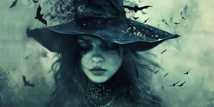 Woman wearing witches hat with a bats flying around her