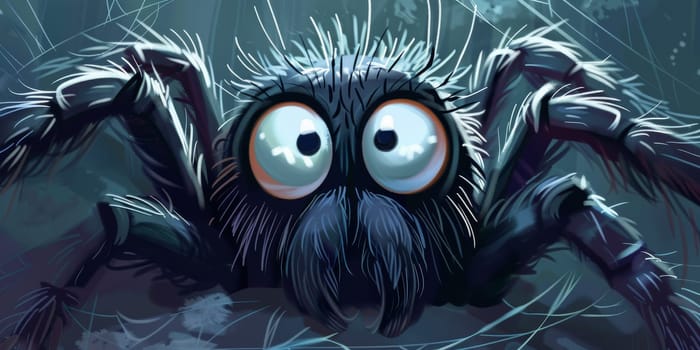 A cartoon spider up close, showcasing its a big eyes