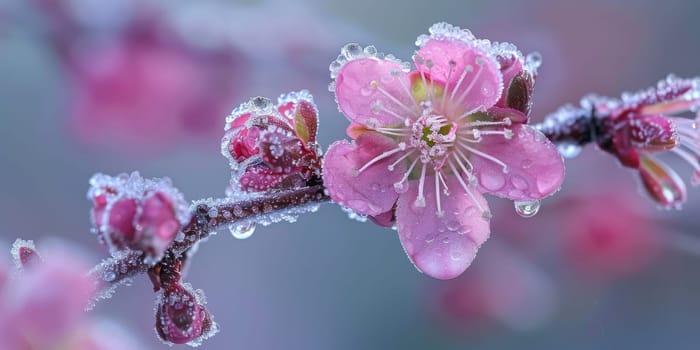 Close-up view of pink flower with ice on a petals
