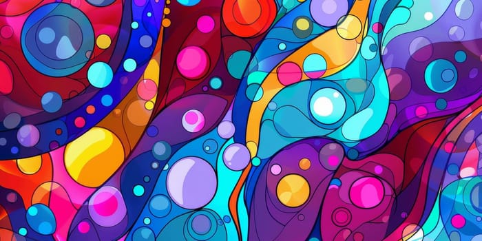 Abstract painting featuring vibrant colors and numerous bubbles