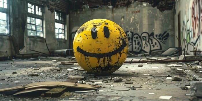 A bright yellow ball with smiley face painted on it