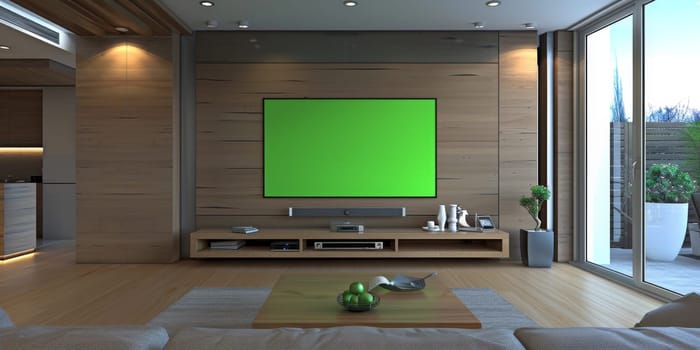 A living room with prominent green screen on the TV mounted on the wall