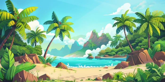 Vibrant painting featuring a tropical beach with palm trees under clear sky