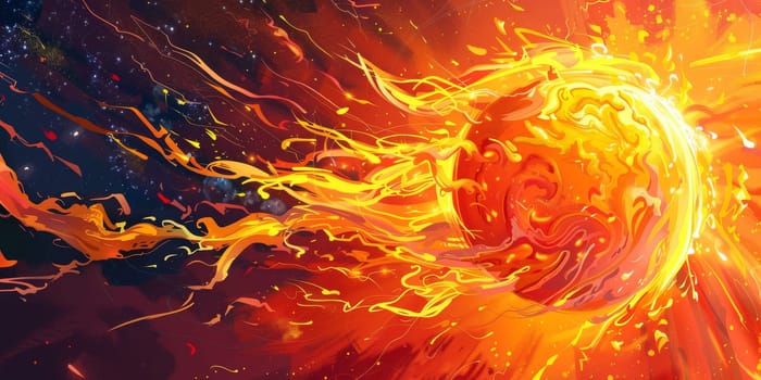Painting showing sun emitting flames