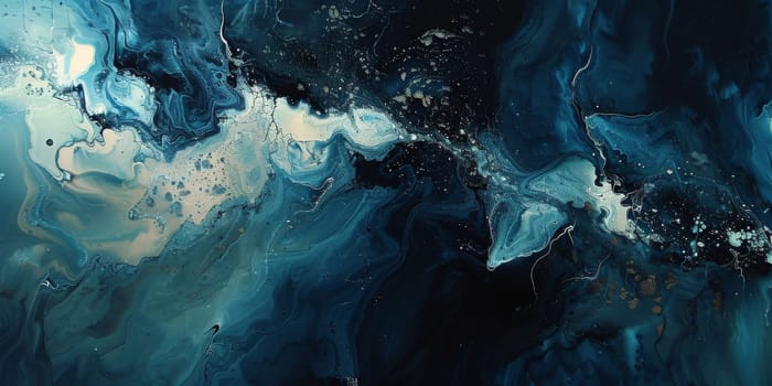 An abstract painting featuring swirling blue and a white colors