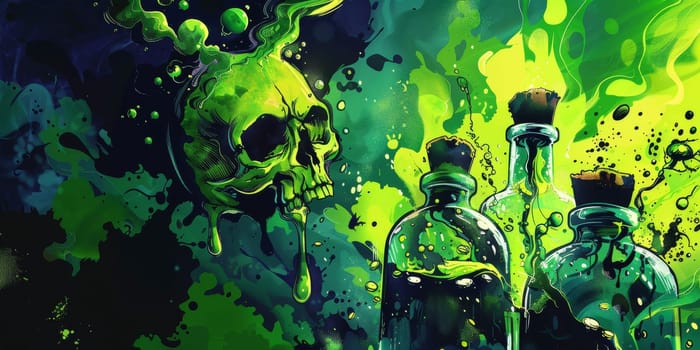 Painting featuring two bottles and a skull on table