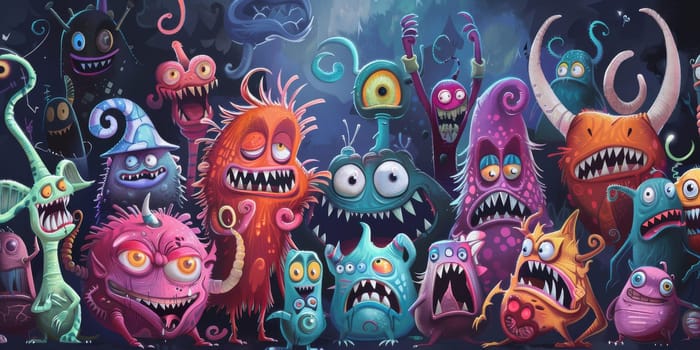 Various colorful cartoon monsters standing in a row next to an each other