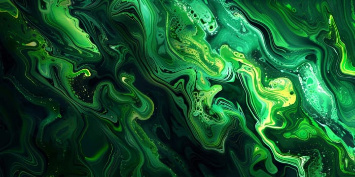Green and black swirls and shapes in an abstract painting