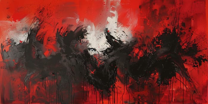 Abstract artwork featuring swirling black and red colors in vibrant composition