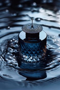 Low key, dark colors, luxury product photography. Perfume bottle on water splashing background. Beauty and cosmetics concept. Ai generated